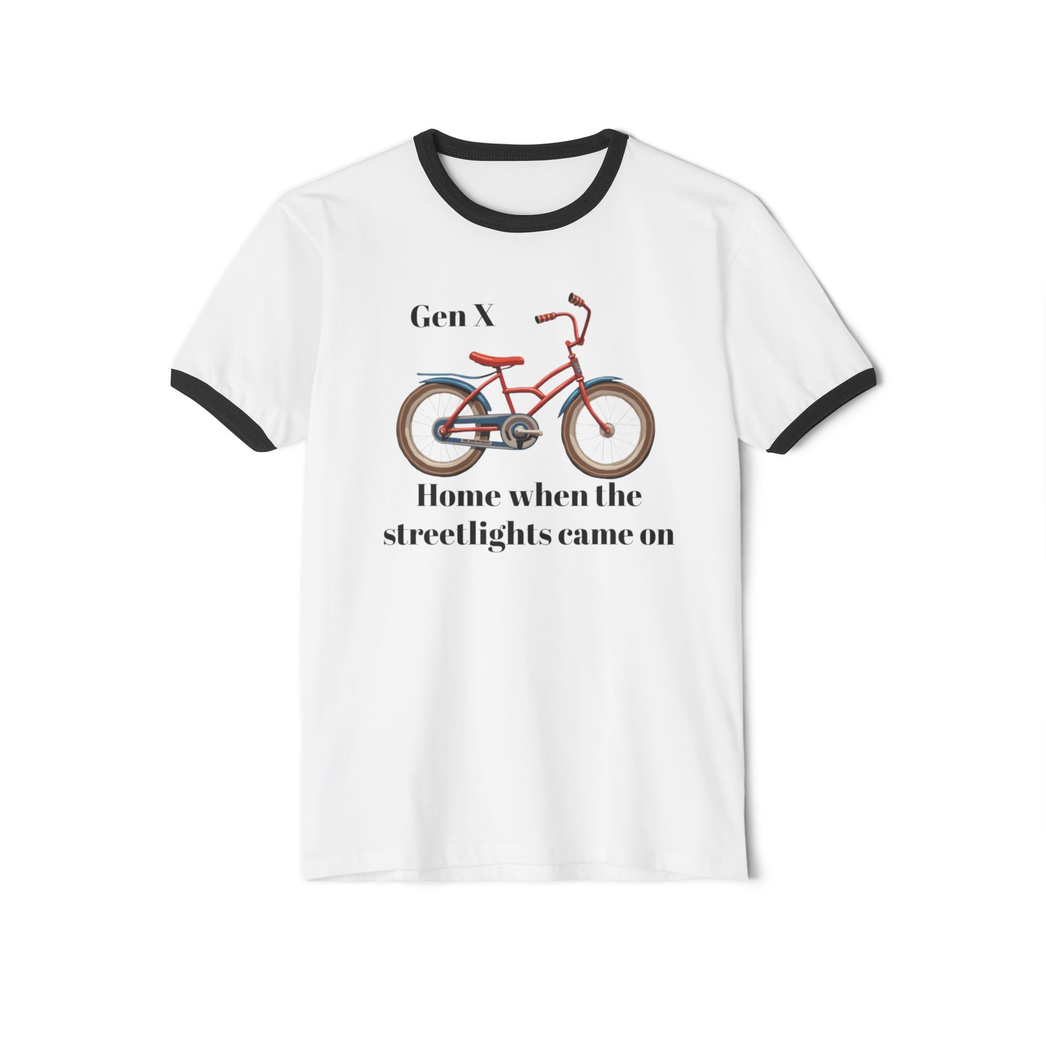 Gen X Bicycle Ringer Tee — "Home When the Streetlights Came On" Retro Bike T‑Shirt
